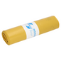 A roll of DEISS Premium 13704 garbage bags from EMIL DEISS KG (GmbH + Co.) in yellow made of recycled material has a capacity of 70 liters. It is wrapped with a white label with blue text and graphics.