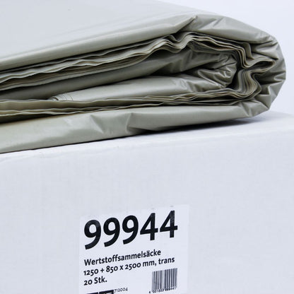 On a white box rests a stack of folded, translucent DEISS recyclable collection bags. The label on the box reads "99944 DEISS recyclable collection bag Type-100, 2500 liters – 2500 liters | Box (20 bags)." These tear-resistant bags from EMIL DEISS KG (GmbH + Co.) promise durability for all your sorting tasks.