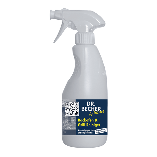 A white spray bottle labeled “DR.BECHER @home "Oven & Grill Cleaner | Bottle (500 ml)" and a QR code on the front. The text highlights the product’s effectiveness against stubborn buildup, making it ideal for cleaning ovens and grills.