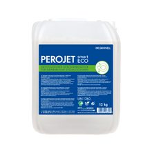 Ein weißer 12-kg-Kunststoffbehälter mit integriertem Griff und Schraubverschluss enthält Dr. Schnell PEROJET smart ECO Geschirrreiniger von DR.SCHNELL GmbH & Co. KGaA, mit blauem/grünem Etikett in deutscher Sprache und Angaben zum umweltfreundlichen Geschirrspülmittel.