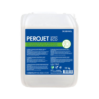 Ein weißer 12-kg-Kunststoffbehälter mit integriertem Griff und Schraubverschluss enthält Dr. Schnell PEROJET smart ECO Geschirrreiniger von DR.SCHNELL GmbH & Co. KGaA, mit blauem/grünem Etikett in deutscher Sprache und Angaben zum umweltfreundlichen Geschirrspülmittel.