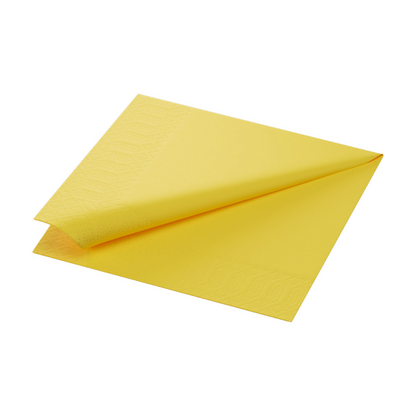A folded yellow Duni tissue napkin in the size 33 x 33 cm from Duni GmbH, with a subtle embossed pattern along one edge, three-ply and fully compostable.