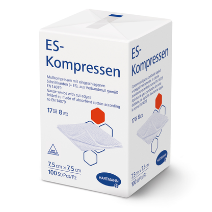 Eine weiße Schachtel mit der Aufschrift "Hartmann ES-Kompressen verschiedene Größen, unsteril" der Paul Hartmann AG zeigt eine Produktinformation in deutscher Sprache, die Maße 7,5 x 7,5 cm, 100 Stück, eine Abbildung von Mullkompressen für die Wundversorgung und das Hartmann-Logo am Boden.