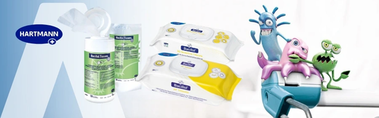 Hartmann Banner mit Bacillol Tissues und Desinfektionstüchern sowie Comic-Keimen auf einem Wischmopp zur Flächendesinfektion