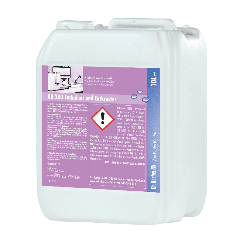 A 10-liter canister made of white plastic with Dr. Becher KR 300 descaler and decruster, equipped with a label containing text and graphics indicating its use as an industrial descaler and rust remover and containing safety and usage information. Brand name: Dr. Becher GmbH