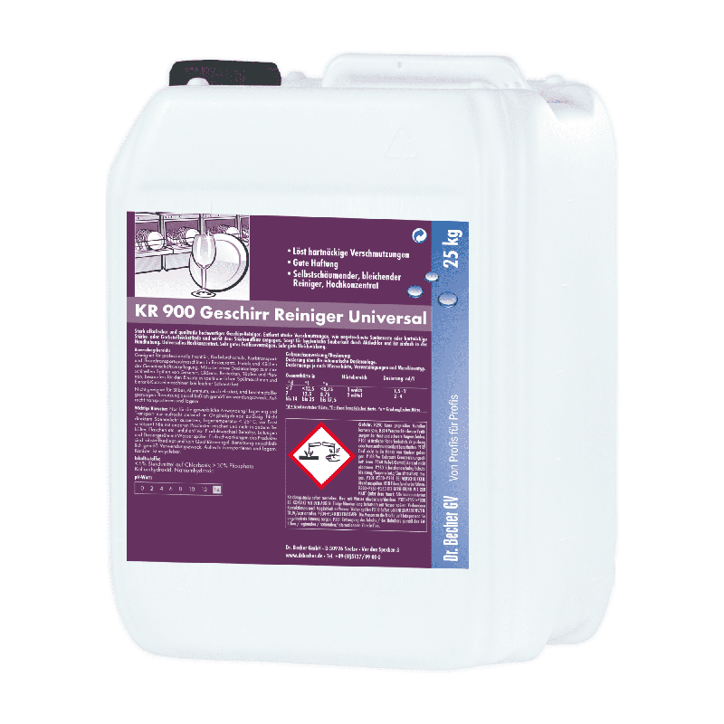A large white plastic canister with a purple and white label featuring instructions and a hazard symbol, labeled for the cleaning product Dr. Becher KR 900 Universal Dish Cleaner.