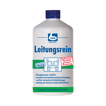 A Dr. Becher pipe cleaning bottle, predominantly blue and white, stands upright with German text and graphics. This hygienic liquid concentrate is perfect for cleaning beer lines and meets chemical and technical standards. The improved formula of Dr. Becher GmbH points to a red notice.