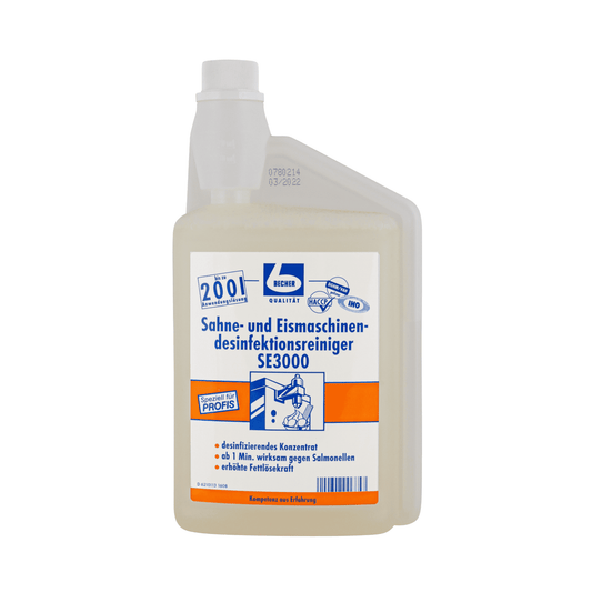 Eine Plastikkanne mit Dr. Becher Sahne- und Eismaschinendesinfektionsreiniger SE3000, entwickelt für die Reinigung und Desinfektion von Sahne- und Eismaschinen, mit blauem und orangefarbenem Etikett.
