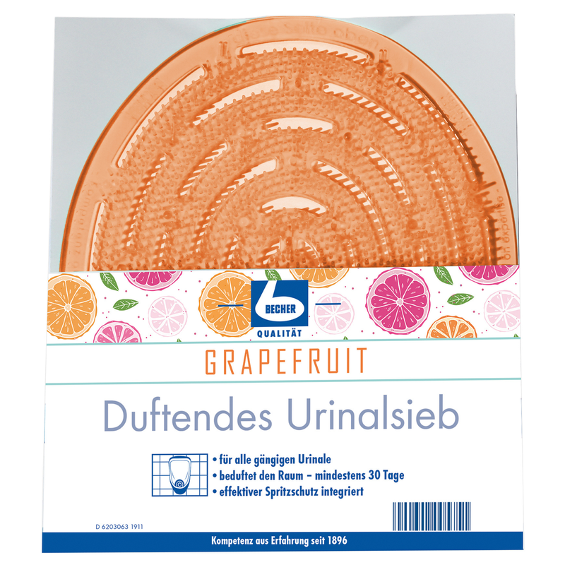 Aromatic, grapefruit-scented urinal screen by Dr. Becher GmbH with an orange, round mat visible through a transparent front. The label includes fruit illustrations and a German text describing
