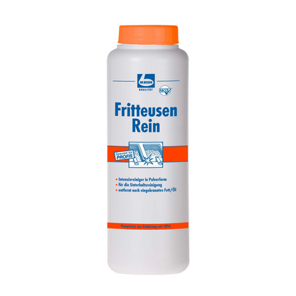 A white plastic bottle with an orange cap labeled "Dr. Becher Fritteusen Rei, Powder" from Dr. Becher GmbH with blue-orange graphics as a professional powdered intensive deep fryer cleaner for removing burnt-in grease.