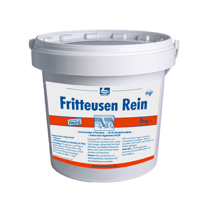 A white plastic bucket Dr. Becher Fritteusen Rei Powder (Dr. Becher GmbH), 5 kg, with a blue/orange text label in German with detailed application and safety instructions for removing burnt-in grease from deep fryers.