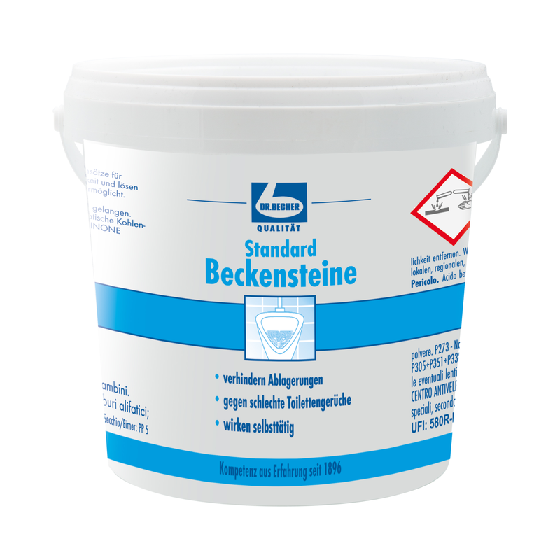A white plastic container labeled "Discontinued item: Dr. Becher Basin Stones Standard - 30 pieces | Package" from Dr. Becher GmbH, with blue accents, German text, hazard symbol, and safety instructions; ideal for cleaning toilets and urinals.