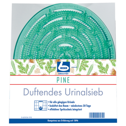 A product packaging for "Dr. Becher Fragrant Urinal Screen" by Dr. Becher GmbH, a urinal screen scented with green pine wood. The label includes details such as compatibility with all urinal types.