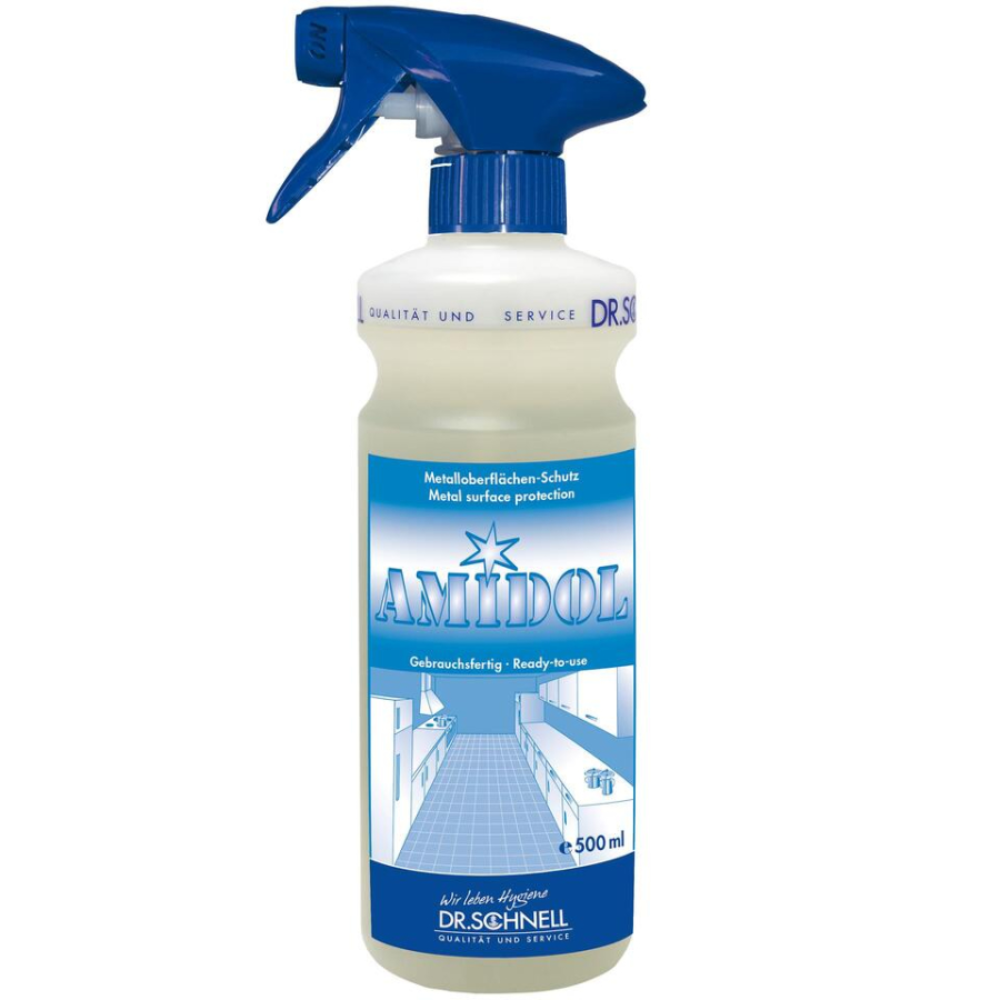 The 500 ml spray bottle Dr. Schnell AMIDOL metal surface protection by DR.SCHNELL GmbH & Co. KGaA in the blue-white packaging with the image of a clean hallway is perfect for stainless steel surfaces and ensures optimal protection of metallic surfaces.