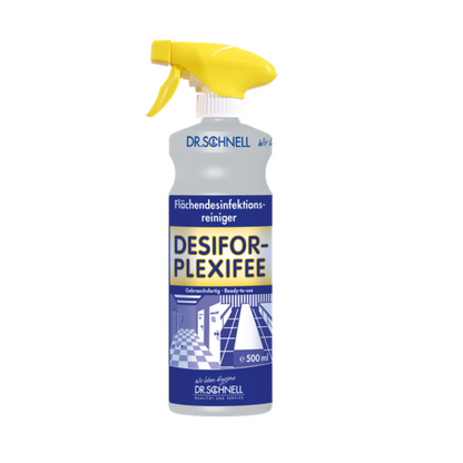 A blue-white spray bottle with a yellow trigger, labeled "Dr. Schnell Desifor PlexiFee Surface Disinfectant, limited virucidal PLUS" by DR.SCHNELL GmbH & Co. KGaA, with geometric graphics for surface disinfection.