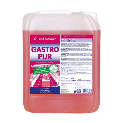 The Dr. Schnell Gastro Pur oil and grease remover, a large container filled with a red liquid, is designed for surface cleaning in the gastronomy sector. It features HACCP certification and safety instructions as well as the logo of DR.SCHNELL GmbH & Co. KGaA, making it suitable for food processing businesses.