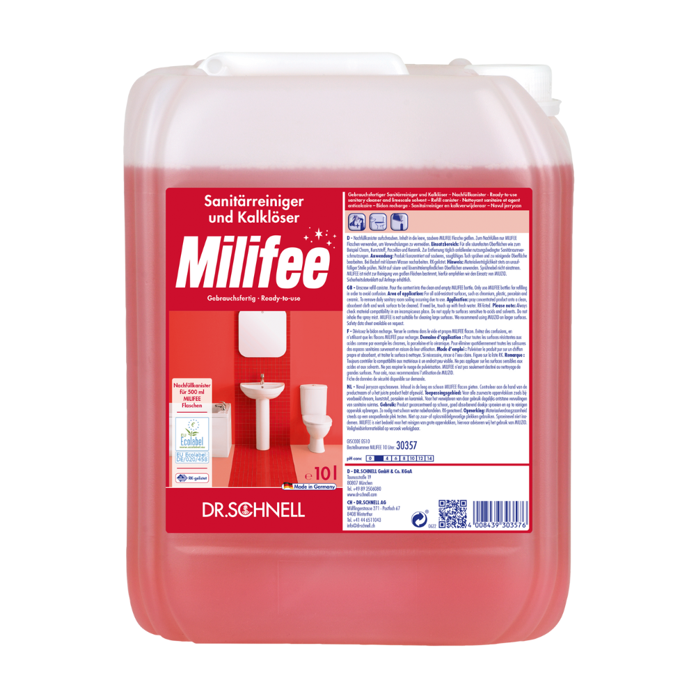 A large red container with Dr. Schnell Milifee ready-to-use sanitary cleaner, manufactured by DR.SCHNELL GmbH & Co. KGaA. The label contains text in German and includes product information, instructions for use, and a QR code. Additionally, the label prominently displays an image of a toilet and a brush to indicate the EU Ecolabel certification.