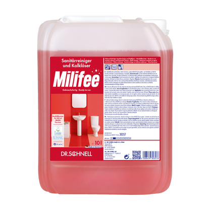 A large red container with Dr. Schnell Milifee ready-to-use sanitary cleaner, manufactured by DR.SCHNELL GmbH & Co. KGaA. The label contains text in German and includes product information, instructions for use, and a QR code. Additionally, the label prominently displays an image of a toilet and a brush to indicate the EU Ecolabel certification.