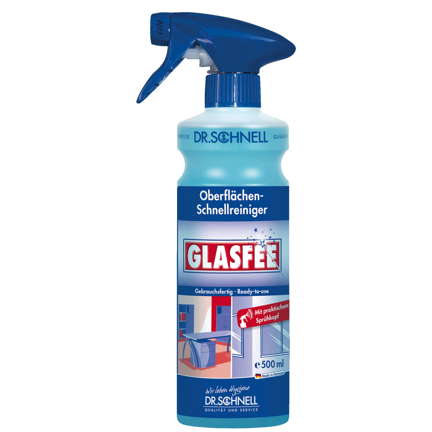 The Dr. Schnell GlasFee glass cleaner from DR.SCHNELL GmbH & Co. KGaA is a 500 ml blue spray bottle with a spray head, which effortlessly removes dirt deposits and effectively cleans glass, making it an ideal surface cleaner.