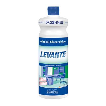 The Dr. Schnell Levante Alcohol Shine Cleaner, Concentrate from DR.SCHNELL GmbH & Co. KGaA is ideal for surface cleaning. It is delivered in a white bottle with a blue cap and shows images of a clean office desk. This highly concentrated formula is conveniently available in a 1-liter size.