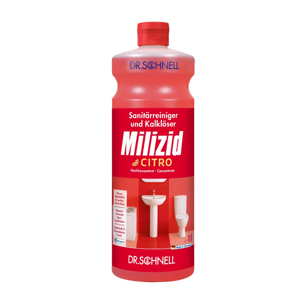 A 1-liter bottle of Dr. Schnell Milizid Citro sanitary cleaner and lime remover, manufactured by DR.SCHNELL GmbH & Co. KGaA, in red-white packaging. The front label shows images of a sink and a toilet to highlight the cleaning properties, with text in German.