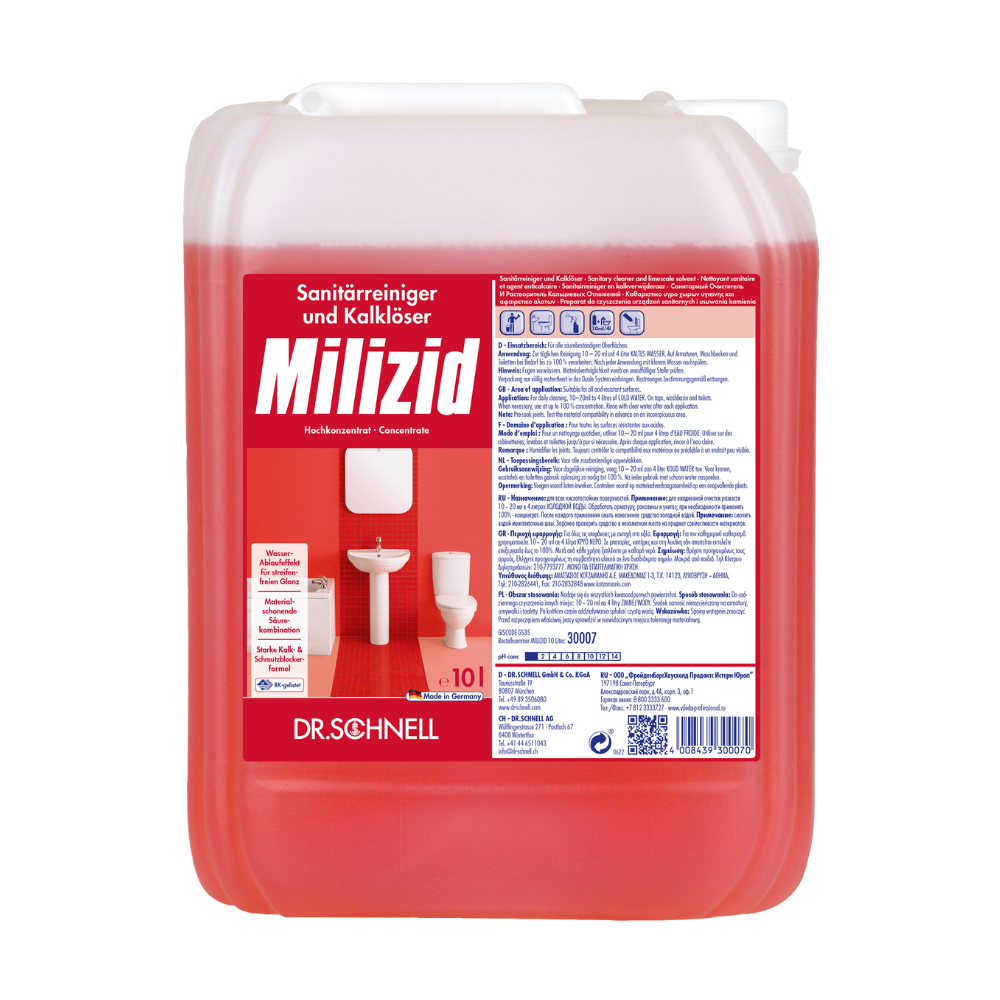 A large container with Dr. Schnell Milizid sanitary cleaner and descaler from DR.SCHNELL GmbH & Co. KGaA contains a red liquid in a transparent container with a handle. The label includes product information and usage instructions as well as an image of a toilet and a sink.