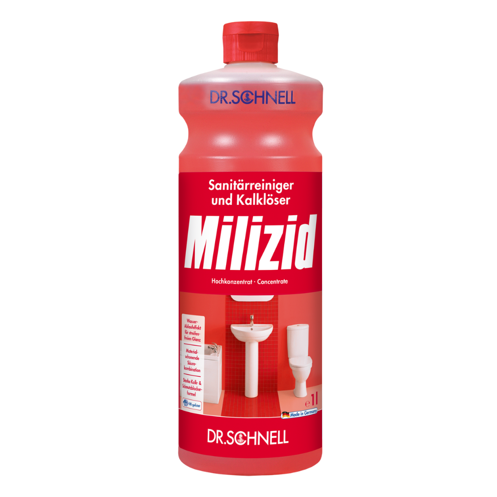 A red 1-liter bottle of Dr. Schnell Milizid sanitary cleaner and descaler from DR.SCHNELL GmbH & Co. KGaA is characterized by strong cleaning and descaling properties. The label shows images of a sink and a toilet, emphasizing the effective cleaning action.