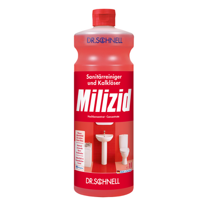 A red 1-liter bottle of Dr. Schnell Milizid sanitary cleaner and descaler from DR.SCHNELL GmbH & Co. KGaA is characterized by strong cleaning and descaling properties. The label shows images of a sink and a toilet, emphasizing the effective cleaning action.
