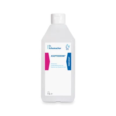 Pictured is a white 1-liter plastic bottle Dr. Schumacher ASEPTODERM from Dr. Schumacher GmbH with blue and pink accents, suitable for hygienic hand disinfection with a reliable disinfectant.