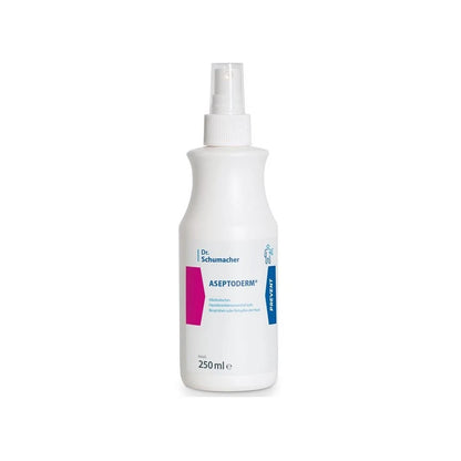 250ml white plastic spray bottle Dr. Schumacher ASEPTODERM from Dr. Schumacher GmbH with a label featuring pink and blue accents for hygienic and surgical hand disinfection.