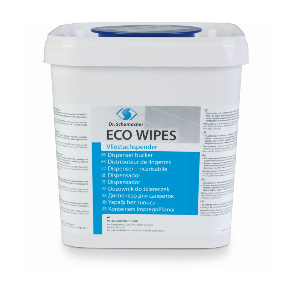 Image of a white can with the label “Dr. Schumacher Eco Wipes Fleece Cloth Dispenser, square | Dispenser (1 piece).” The can with a blue dispenser lid serves as a reusable dispenser for cloths. Text in several languages indicates that it is manufactured by Dr. Schumacher GmbH in Germany.