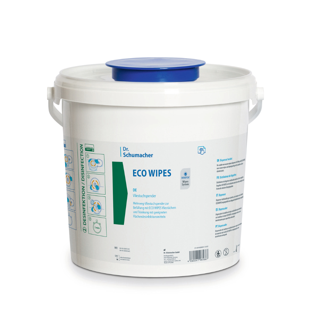 A white Eco Wipes nonwoven dispenser without wipes made of plastic by Dr. Schumacher GmbH with the inscription "Dr. Schumacher ECO WIPES" and a blue lid. The container includes product information and instructions for use, as well as symbols indicating disinfectant properties and recycling information.