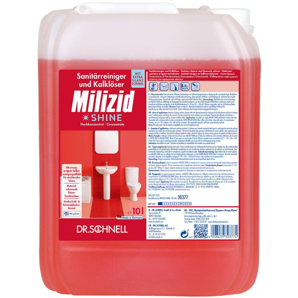 A 10-liter container Dr. Schnell MILIZID SHINE sanitary cleaner and lime remover from DR.SCHNELL GmbH & Co. KGaA, with German text and images of a sink and a toilet on the label.