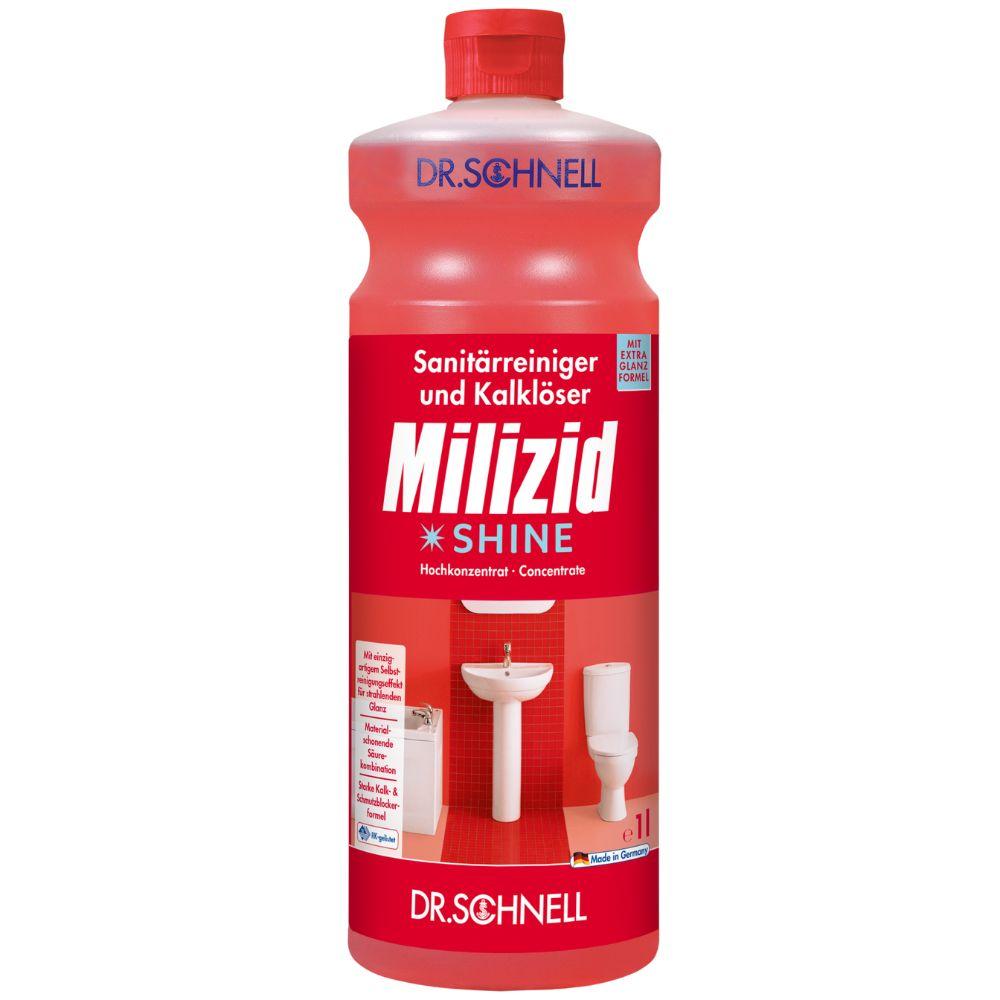 A red 1-liter bottle Dr. Schnell MILIZID SHINE sanitary cleaner and lime remover from DR.SCHNELL GmbH & Co. KGaA, an environmentally friendly bathroom cleaner with German text and images of a sink and a toilet on the label.