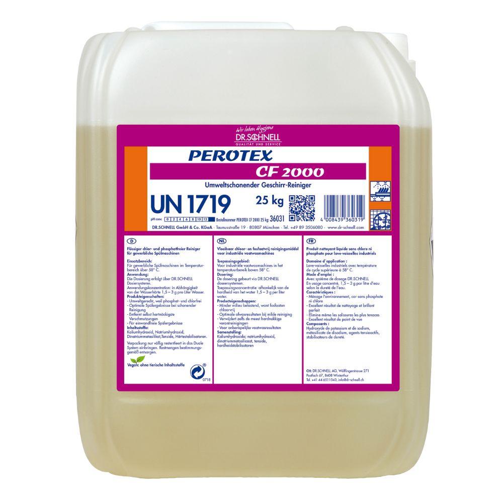 A 25 kg plastic container with Dr. Schnell PEROTEX CF 2000 Chlorine-Free Dish Cleaner by DR.SCHNELL GmbH & Co. KGaA, marked with multilingual instructions, safety symbols, and the hazardous material code UN 1719.