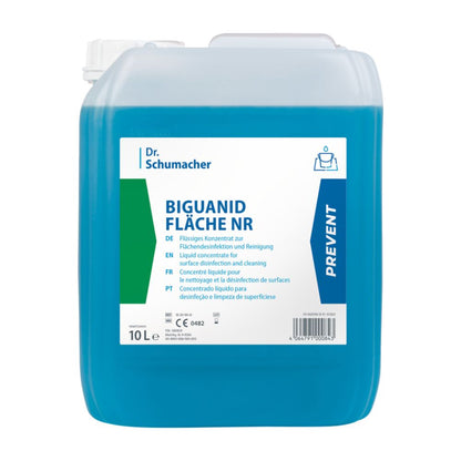 A 10-liter container with blue liquid labeled "Dr. Schumacher Biguanid Surface NR Surface Disinfection" by Dr. Schumacher GmbH is a surface disinfection concentrate. The label is multilingual and highlights the effectiveness in cleaning and disinfecting surfaces with the word "Prevent".