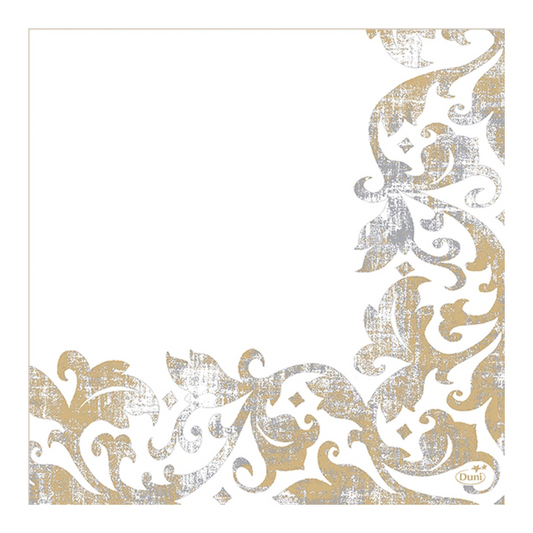 Wir präsentieren die Dunisoft®-Serviette 40 x 40 cm Festiva White von Duni GmbH, eine dekorative quadratische Serviette, die mit einem kunstvollen, Vintage-inspirierten Muster in Gold und Silber mit wirbelnden Blumen- und Blattmotiven verziert ist. Das elegante Design ziert die Ecken der Serviette und lässt eine makellos weiße Mitte übrig. Dieses Produkt eignet sich ideal als Einwegserviette für besondere Anlässe und wird in einer Packung mit 60 Stück geliefert.