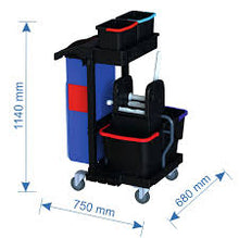 The Arcora Ecoblack 100 service cart from Arcora International GmbH is a cleaning cart made from 97% recycled material, with wheels, two buckets, a mop press, storage compartments, and a blue laundry bag. Dimensions: 1140x750x680 mm.