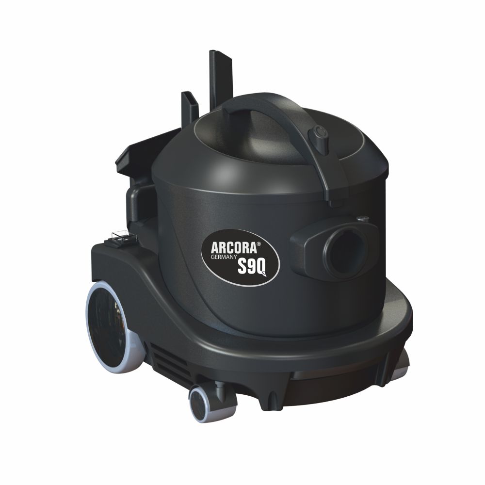The Arcora Ecoblack S9Q The Vacuum Cleaner For Building Cleaning by Arcora International GmbH is a black canister vacuum with a handle, wheels, hose connection, and brand name on the side, depicted on a white background.