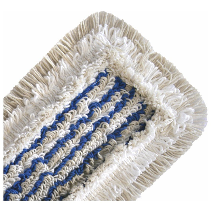 Close-up of the Arcora HOSPITAL HYGIENE MOP BLUE by Arcora International GmbH, with white and blue twisted fibers with a fringed edge, ideal for cleaning in hospital hygiene, on a white background.