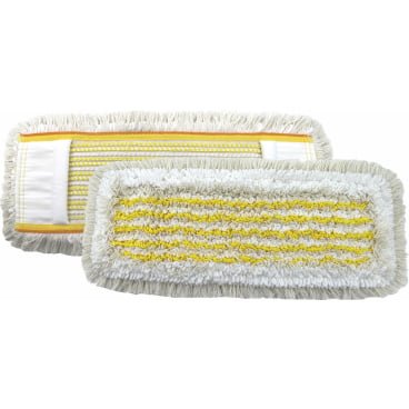 Two rectangular Arcora HOSPITAL HYGIENE MOPP YELLOW mops from Arcora International GmbH with white fringes and yellow-green striped centers, ideal for cleaning hospitals, front and back shown.