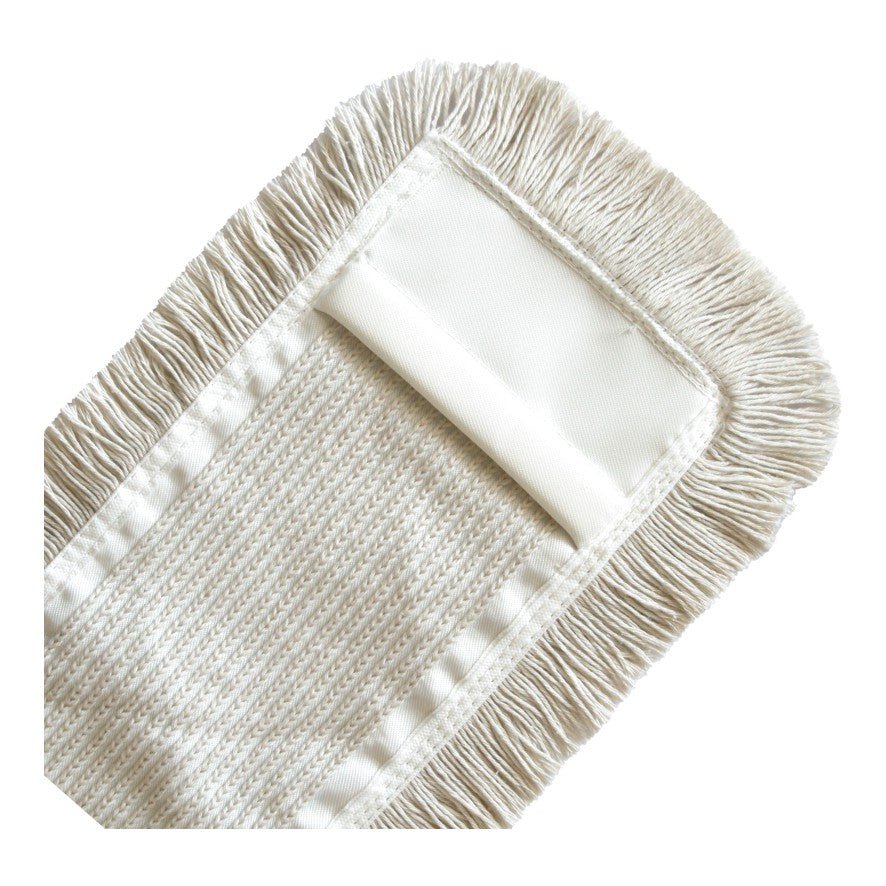 A close-up of the Arcora MULTI MOPP WHITE by Arcora International GmbH, a cream-colored microfiber mop with fringes and a textured surface for efficient cleaning of industrial floors.