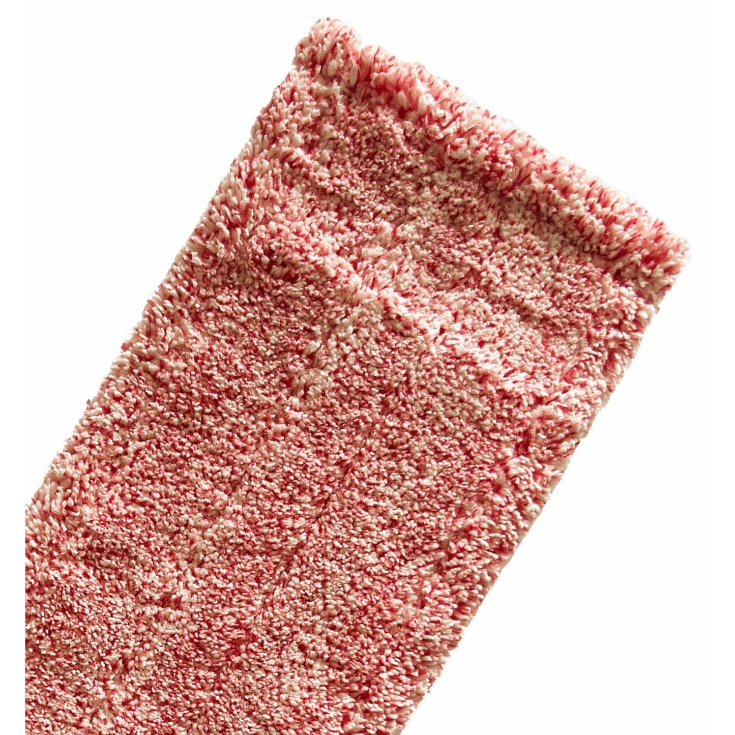 Close-up of a pink and white, textured, rectangular fabric - obviously the Arcora MICRO RED DB - FC towel from Arcora International GmbH - against a white background.