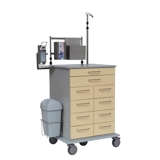 Der Novocal Endoskopiewagen verfügt über ein stabiles Vollkunststoffplatten-Fahrgestell, neun beigefarbene Schubladen, eine graue Arbeitsplatte, einen Mülleimer, Dokumentenfächer, eine Infusionsstange und Räder - perfekt für den flexiblen Einsatz in medizinischen Einrichtungen.