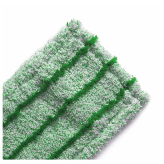 Nahaufnahme des Arcora RUNNER GREEN DB - FC MIT DECKBLATT von Arcora International GmbH: ein grün-weißes Mikrofaser-Mopppad mit drei erhabenen grünen Streifen aus hochwertigen Materialien auf weißem Grund - ideal für den Innenbereich.
