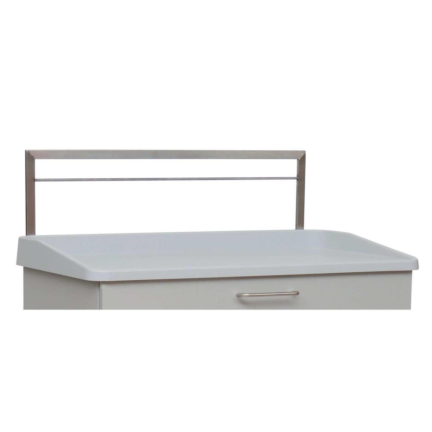 A white medical examination table with raised edges, a single metal drawer handle, and a Novocal Euro rail - single - for back panel (Brand: Novocal), which is vertically mounted at the back as a back panel rail.