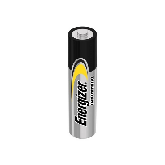 Eine Energizer Deutschland GmbH Industrial Alkaline EN92 LR03 AAA Micro-Batterie ist in einem vorherrschenden schwarz-gelben Farbschema abgebildet und das Logo ist deutlich zu erkennen. Die Batterie steht aufrecht vor einem weißen Hintergrund.