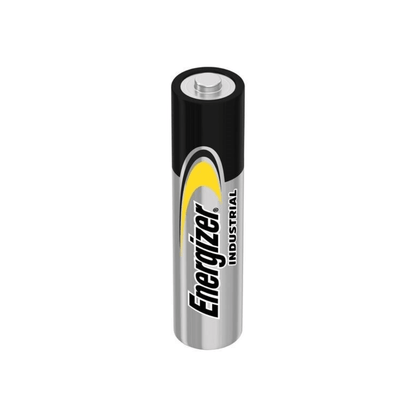 A single Energizer Industrial Alkaline EN92 LR03 AAA Micro battery from a pack (10 pieces) by Energizer Deutschland GmbH is standing upright. It has a black, silver, and yellow design, with the brand name “Energizer” and the word “Industrial” printed vertically on the side. The battery’s upper 1.5-volt terminal is visible.