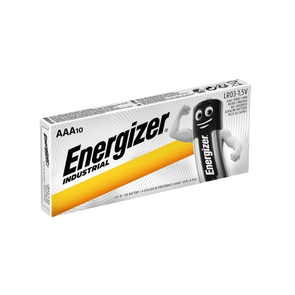 The image shows a rectangular pack of Energizer Industrial Alkaline EN92 LR03 AAA Micro batteries (10-pack) from Energizer Deutschland GmbH. The white box with yellow and black accents contains 10 batteries. The front features the Energizer logo and an image of a battery character with arms. Each battery provides 1.5 volts of power.