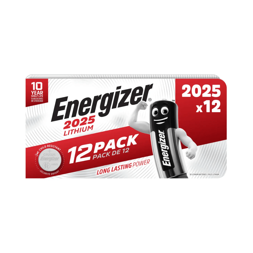 The image shows packaging for the Energizer CR 2025 3V 163 mAh lithium button cell battery | Pack of 12 from Energizer Deutschland GmbH, labeled as a 12-pack with long-lasting performance. The white-and-red packaging features a battery-shaped symbol and indicates a 10-year shelf life and child-resistant packaging.